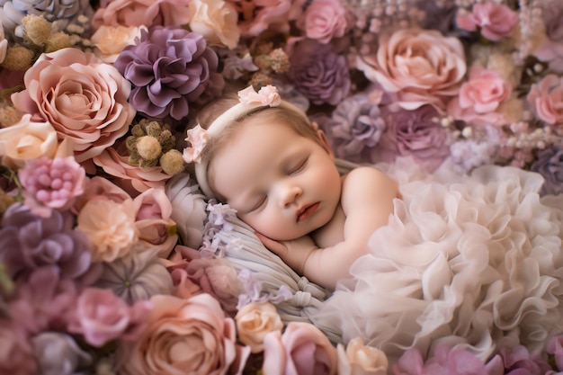 Niña recién nacida durmiendo con cinta para la cabeza sobre un fondo de piel