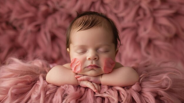 Niña recién nacida durmiente en un primer plano de fondo de lana rosa