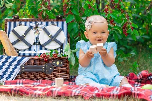 Niña recién nacida sosteniendo dos cubos de juguete de madera en sus manos. Una niña con un vestido azul se sienta en una manta de picnic.