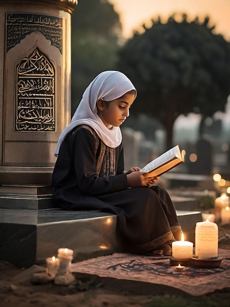 Una niña recita el Corán frente a la tumba de su madre