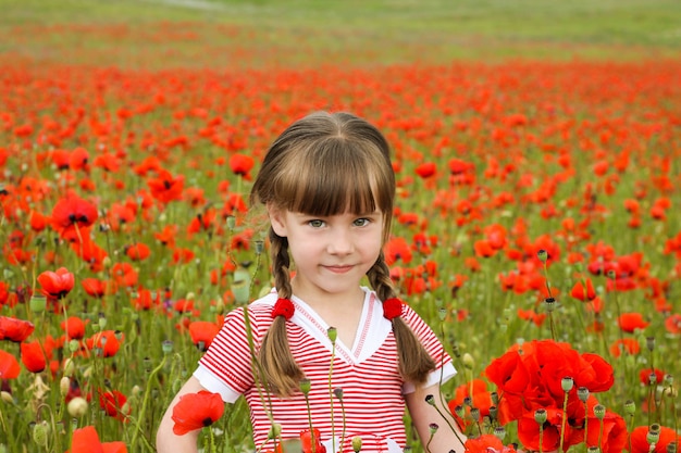 Una niña recoge flores de amapola