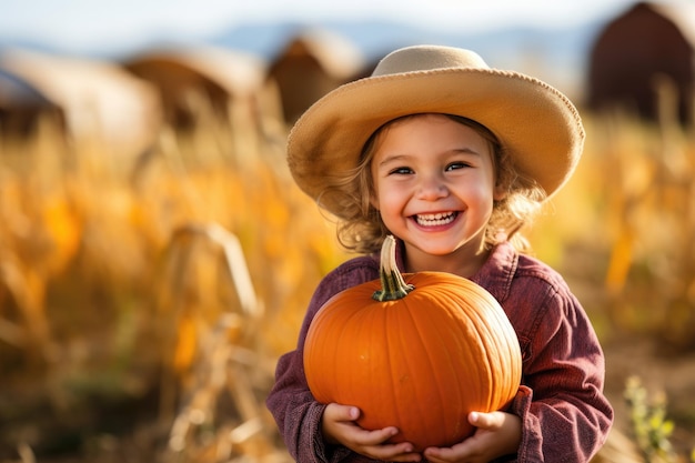 Niña recogiendo calabazas en un huerto de calabazas