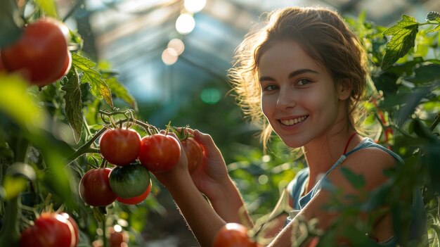 Niña recogiendo tomates en el invernadero