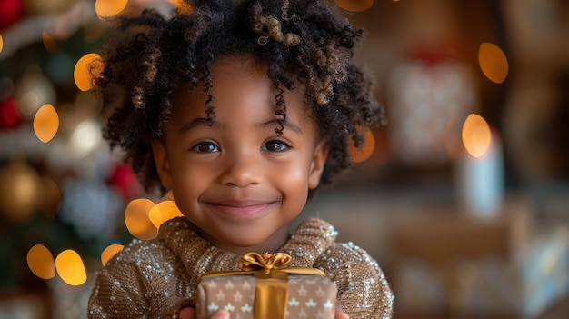 Niña con un regalo delante del árbol de Navidad