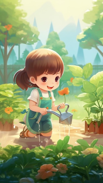 una niña regando flores en un jardín