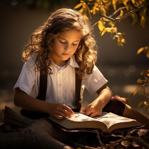 Niña de regreso a la escuela leyendo