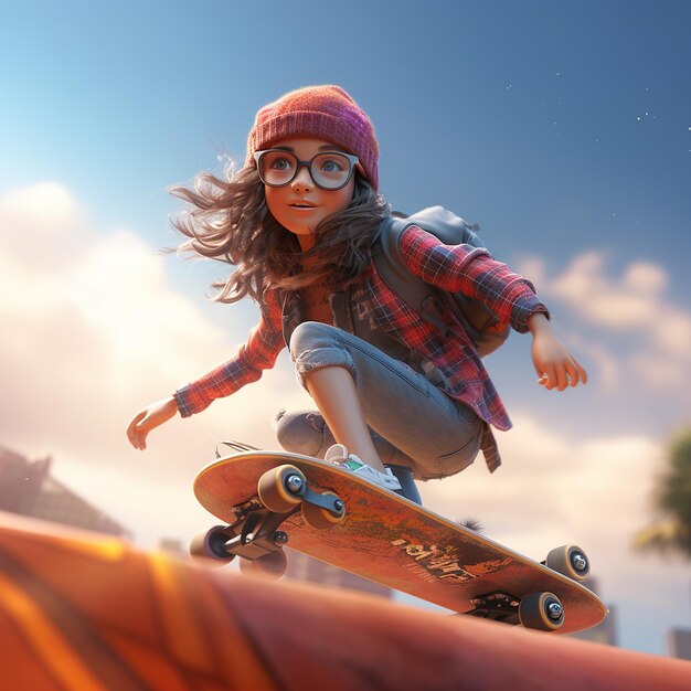 Niña renderizada en 3D en una patineta disfrutando del patinaje