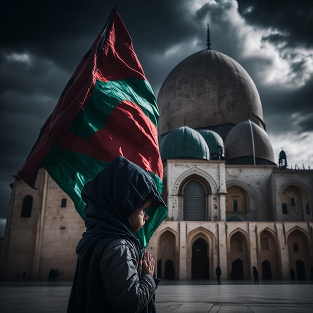 Niña rezando con la bandera de Palestina en el fondo del cielo nublado Orar por Palestina en frente