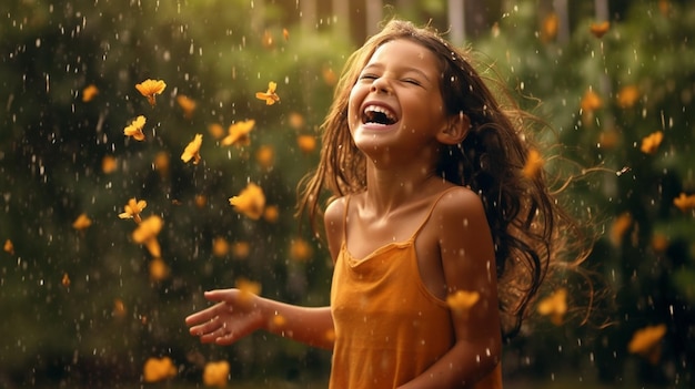 Una niña se ríe bajo la lluvia con hojas cayendo sobre su rostro.