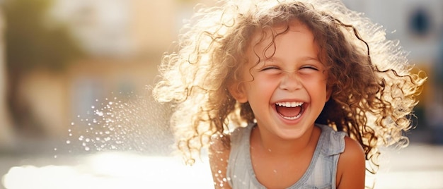 una niña riendo con la boca abierta