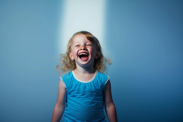 Una niña riendo con un fondo azul.