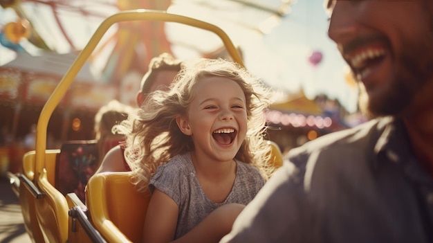 Niña riendo en el paseo de carnaval Diversión alegre en la feria el día de verano