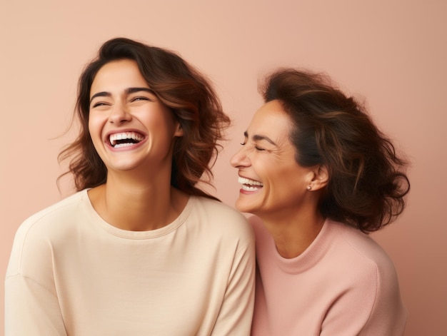 Niña riendo con su madre el día de la madre usando camiseta sobre fondo rosa