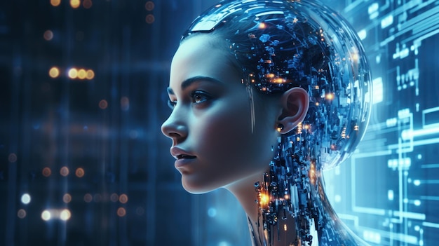 Niña robot humanoide con IA y un rostro hermoso en un futuro futurista