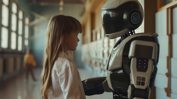 Foto niña y robot interactuando en un entorno futurista