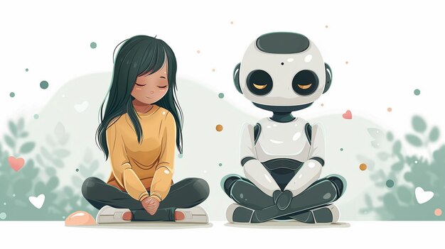 Niña y robot meditando al aire libre fondo abstracto pacífico