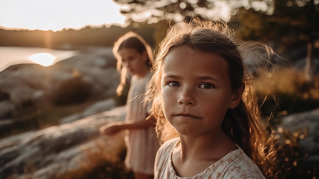 Una niña se para en una roca frente a un lago.