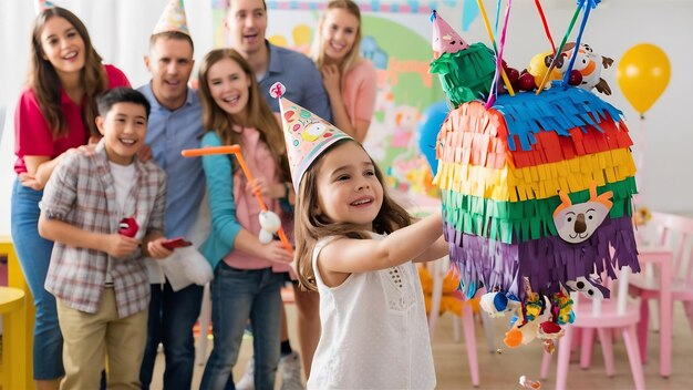 Foto la niña va a romper la pinata por su cumpleaños.