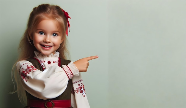 niña con ropa tradicional apuntando a un área vacía generada por la IA