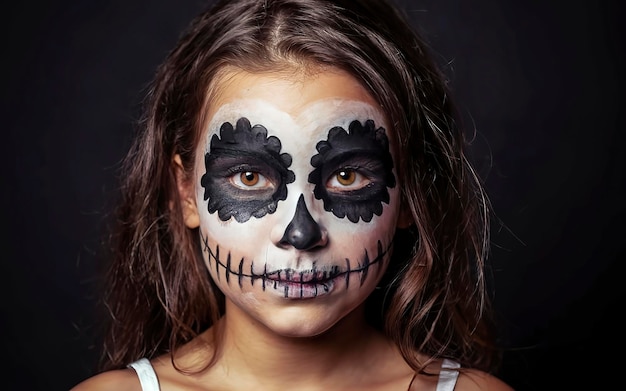 Niña con el rostro de Halloween en fondo blanco