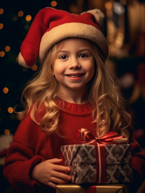 Una niña rubia con un abrigo de color vaca y longitud roja envía una carta a Papá Noel en IA generativa