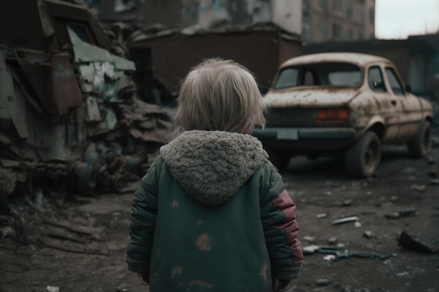 Una niña rubia con una chaqueta sucia se para en la calle y mira su ciudad en ruinas AI generativa