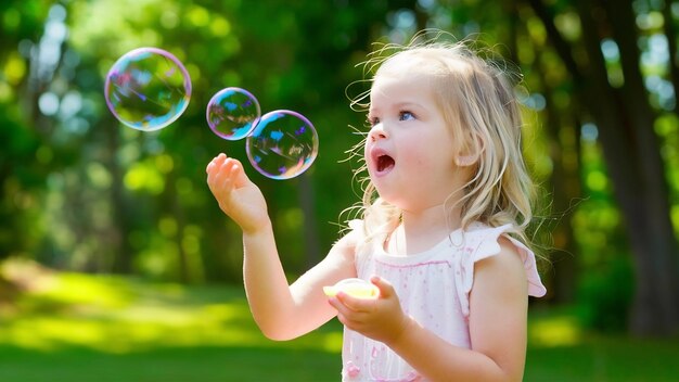 Una niña rubia infla burbujas de jabón en verano en un paseo
