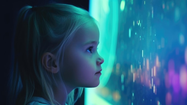 Foto la niña rubia preguntándose por la tecnología holográfica y futurista con detalles granulados y afilados ia generativa aig21