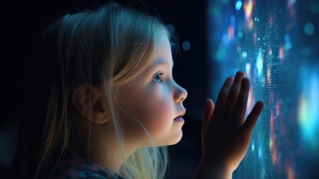 La niña rubia preguntándose por la tecnología holográfica y futurista con detalles granulados y afilados IA generativa AIG21