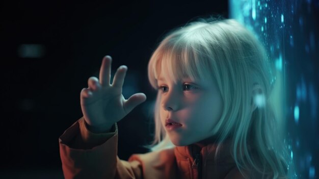 La niña rubia preguntándose por la tecnología holográfica y futurista con detalles granulados y afilados IA generativa AIG21