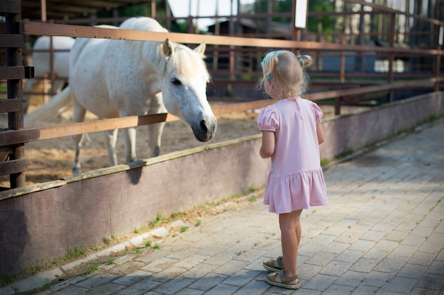 Niña rubia con vestido rosa y caballo blanco mirándose en la granja. Niño curioso y animal doméstico