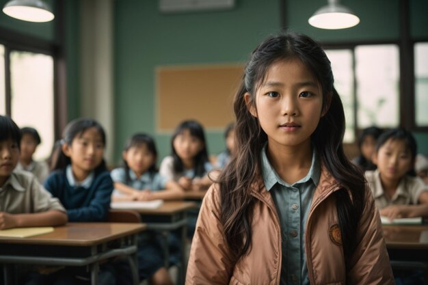 Una niña en un salón de clases con amigos en el fondo.