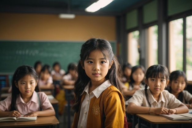 Una niña en un salón de clases con amigos en el fondo.