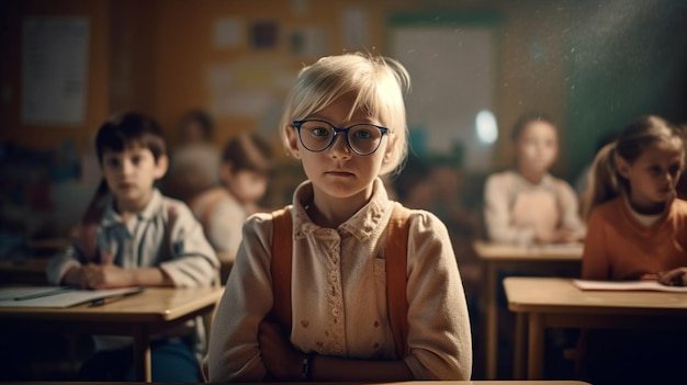 Una niña en un salón de clases con anteojos y un libro en el frente.