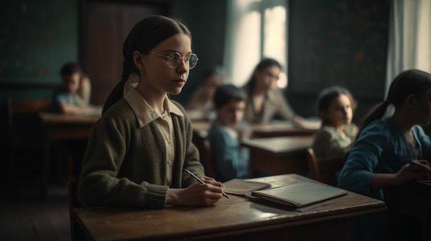 Una niña en un salón de clases con un libro en su regazo.