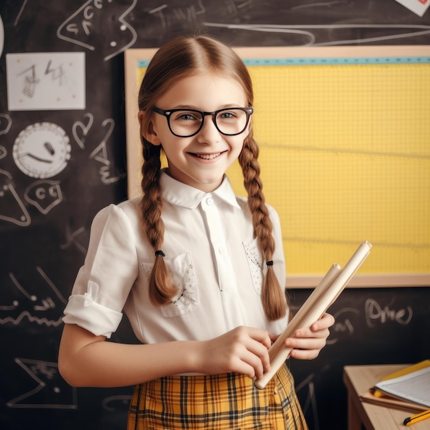 Una niña en un salón de clases con una pizarra.