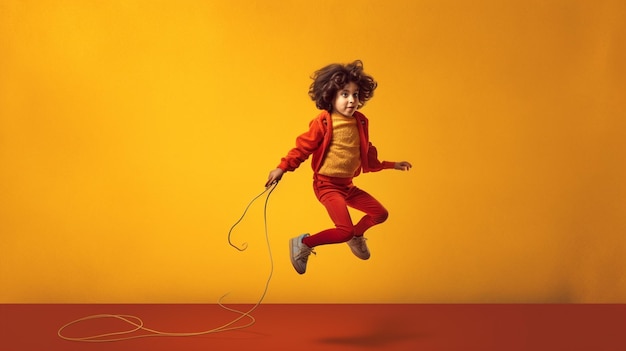 Foto una niña saltando con una cuerda en el aire.