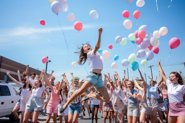 Una niña saltando con globos en el cielo.