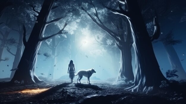 niña salvaje con su lobo de pie en el bosque ilustración de estilo de arte digital IA generativa