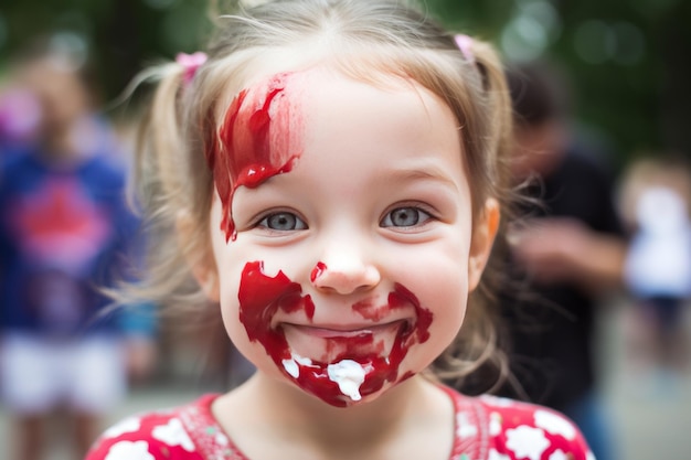 Una niña con sangre en la cara está cubierta de sangre.