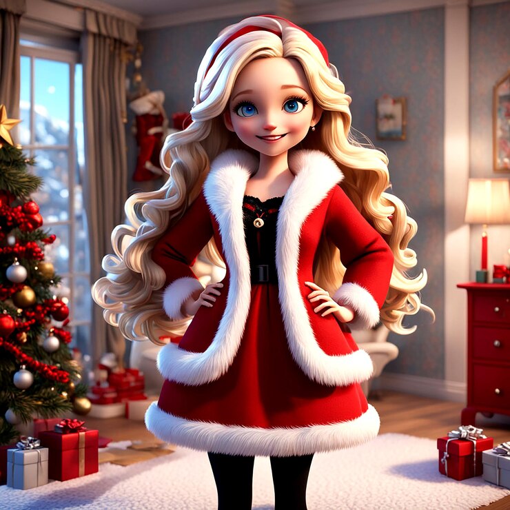Niña de Santa con árbol de Navidad