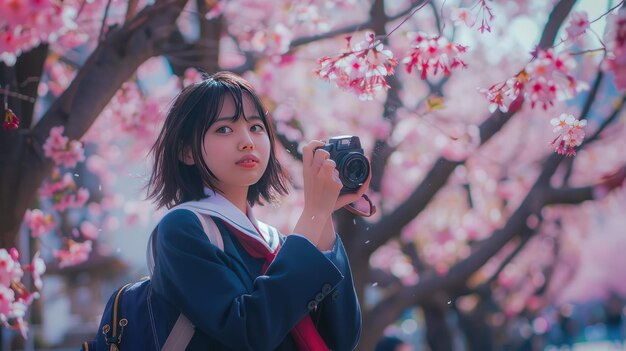 Niña de secundaria disfrutando de las flores de cerezo