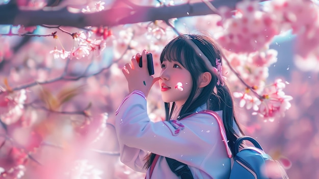 Niña de secundaria disfrutando de las flores de cerezo