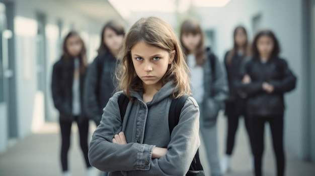 Niña de secundaria de pie con los brazos cruzados con una expresión amenazante frente a sus compañeros