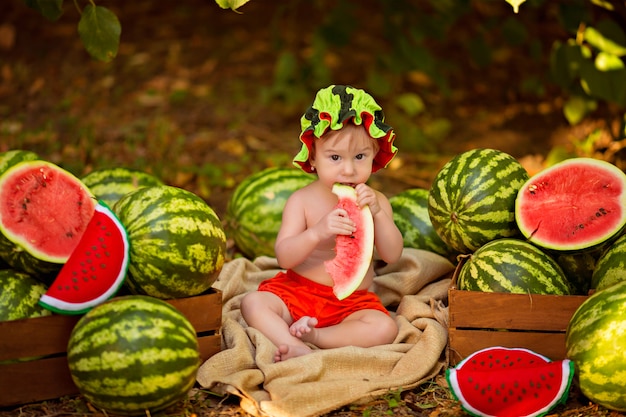 Niña sentada al aire libre en verano y comiendo sandías maduras. Cosecha