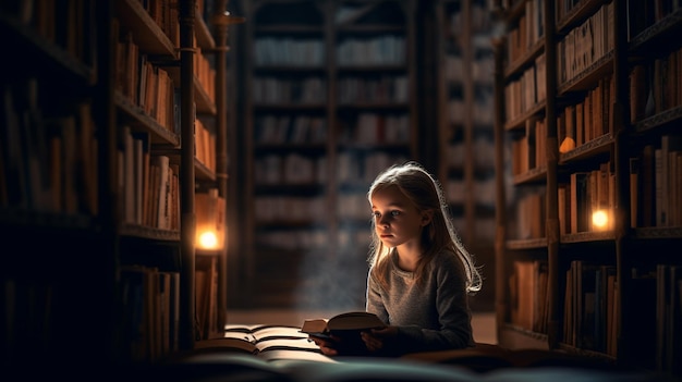 Una niña sentada en una biblioteca leyendo un libro.