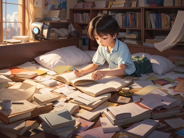 una niña sentada en una cama leyendo un libro en una habitación llena de libros