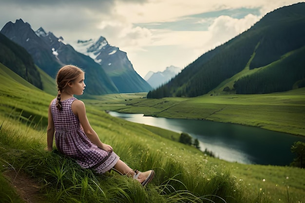 Una niña sentada en un campo con montañas al fondo.