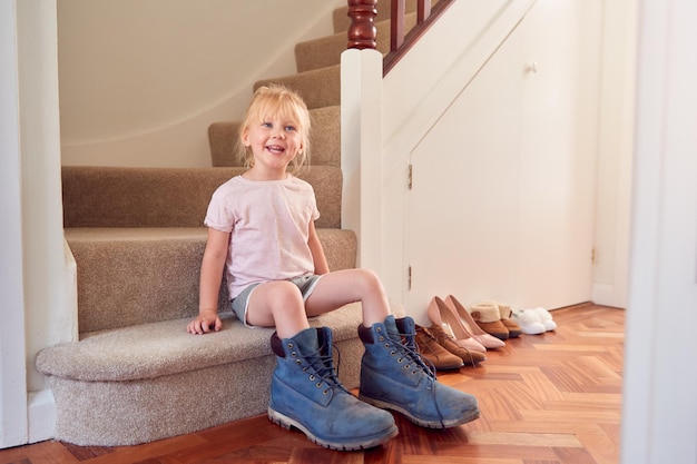 niña sentada en las escaleras vistiéndose y poniéndose las botas de trabajo del padre