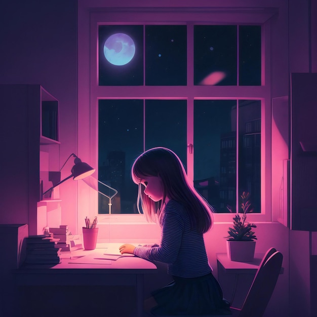 Una niña sentada en un escritorio en una ventana por la noche, ilustración de dibujos animados